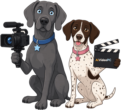 AiVideoPC mascots Zeus, a grey Weimaraner holding a video camera, and Shiva, a white-and-liver German Shorthaired Pointer holding an AiVideoPC clapperboard
