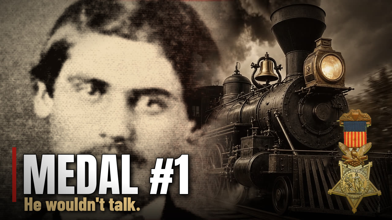Military Heroes Episode 1 thumbnail: portrait of Jacob Parrott beside a Civil War-era locomotive and the Medal of Honor, with the text Medal #1, He wouldn't talk