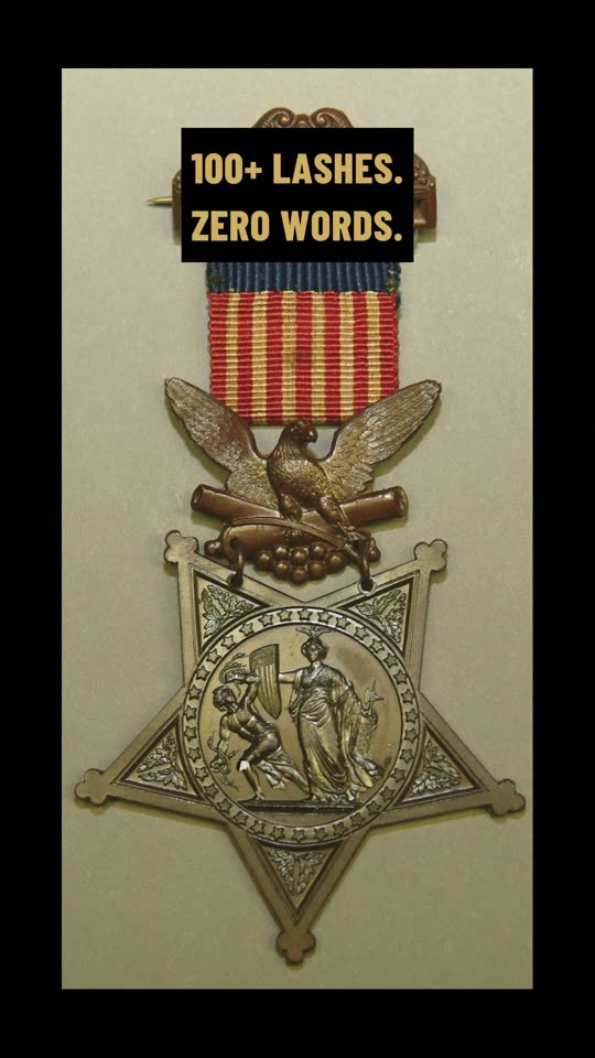 Frame from the Short He Wouldn't Talk: the 1862 to 1896 Army Medal of Honor with the caption 100+ lashes. Zero words.